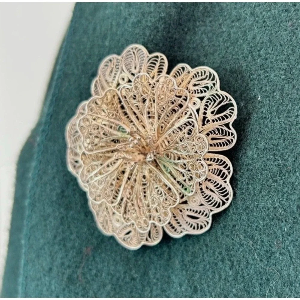 Vintage Filigree Flower Brooch Pin Layered Spun Metal Wire Floral As Is*